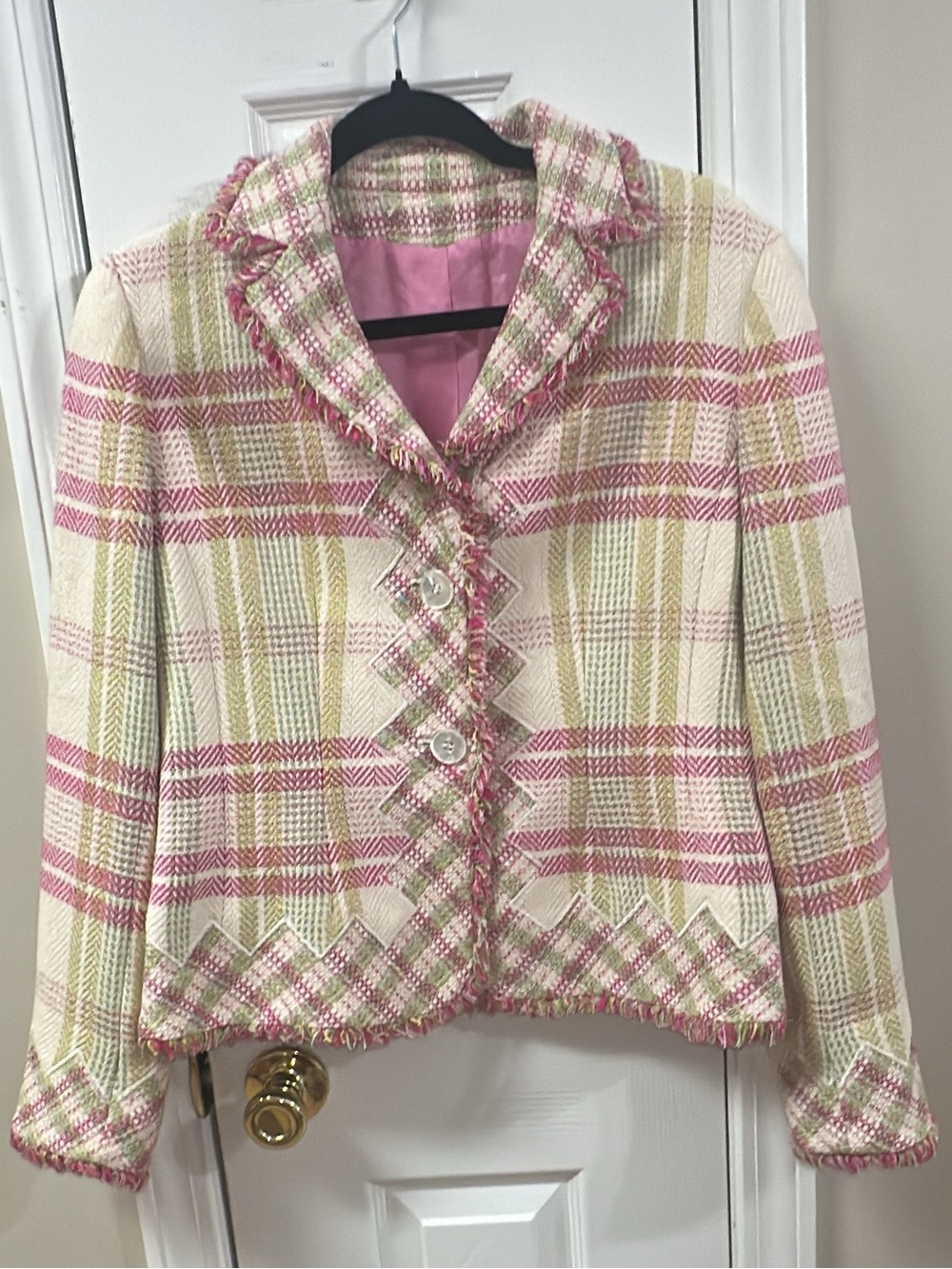 RENA LANGE Blazer Pink Green Plaid Two Button. Pit-pit 19 (mix46) (no tag/label)